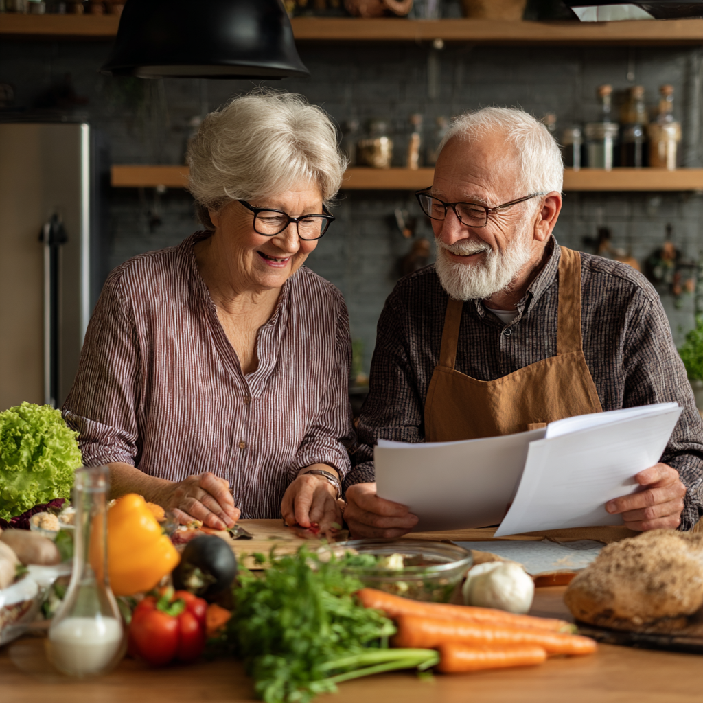 Happy elderly European couple preparing healthy meal together in bright kitchen