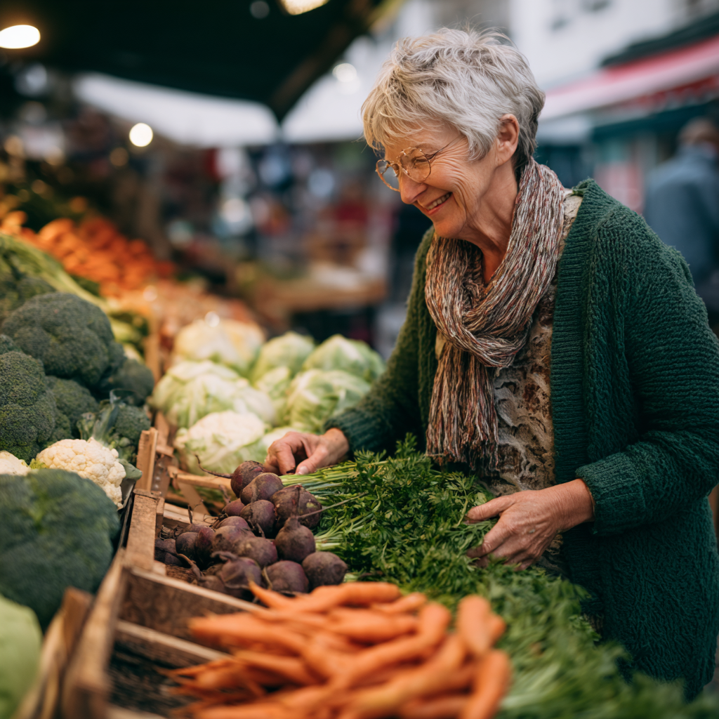 Elderly European woman selecting fresh seasonal vegetables at farmers market, smiling